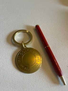 Coach Gold Round Medallion Logo Keychain with Coach Pen